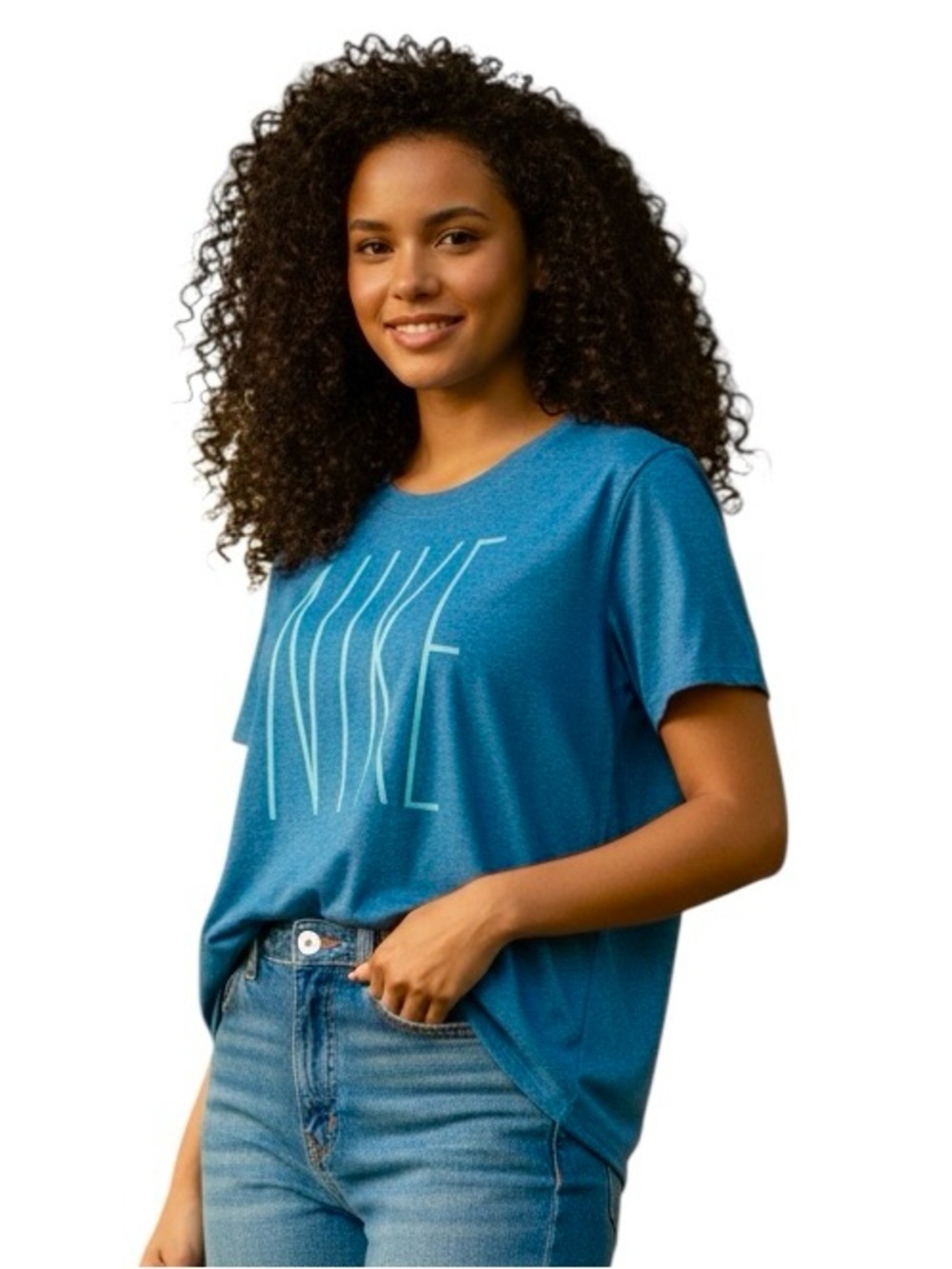 NIKE: Women’s Bright Blue Dri-Fit Logo Short Sleeve T-Shirt -Size Large